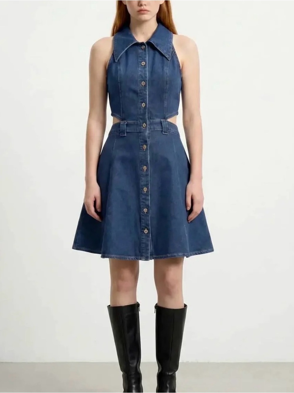 URBAN REVIVO SLEEVELESS SHIRT COLLAR CUTOUT BUTTON FRONT MINI DENIM DRESS